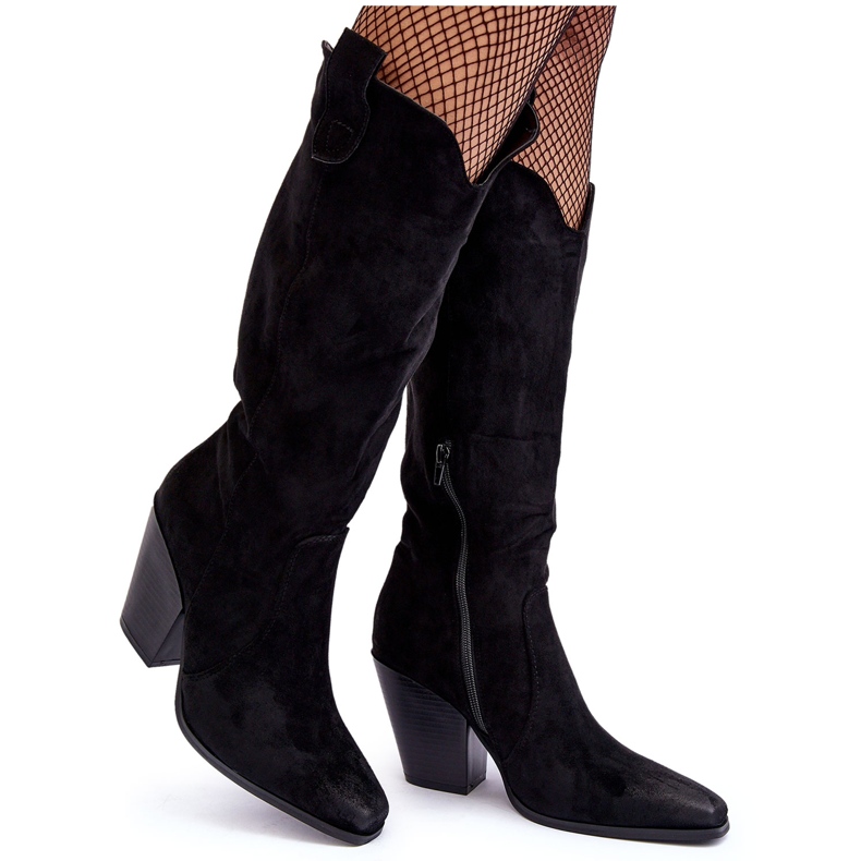 Botas Cowboy de Camurça Preta com Salto Alto Tortana preto
