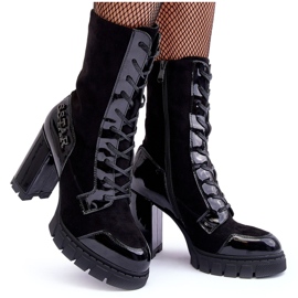 Botins de couro com cadarço e salto alto enorme, Black Khariah preto