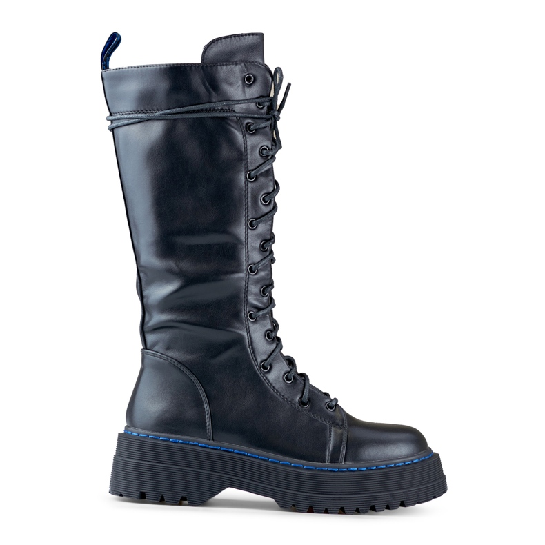 Botas femininas de cano alto com cadarço feitas de couro ecológico preto Botas femininas de cano alto com cadarço feitas de couro ecológico preto