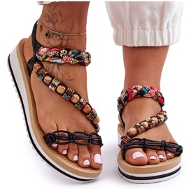 Sandálias de cunha feminina confortáveis com contas pretas preto