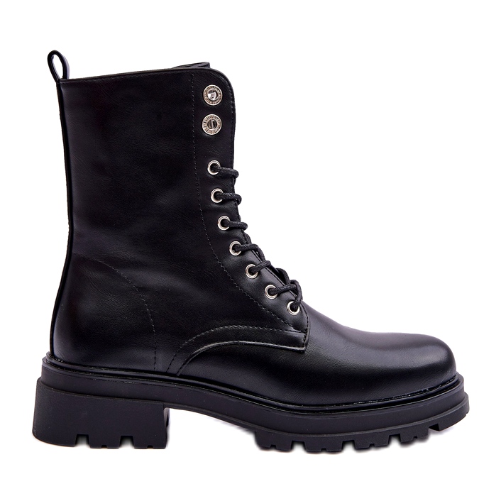 Botas de couro eco feminino com uma decoração negra preto
