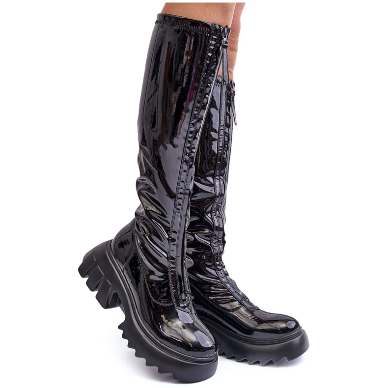 PS1 Botas de couro envernizado em plataforma enorme com zíper, Black Ringo preto