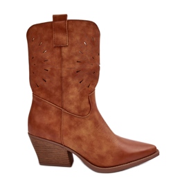 PH2 Botas de cowboy de couro camel ursulina com salto baixo marrom