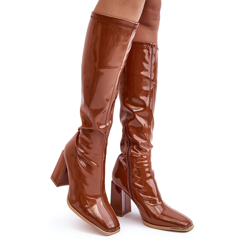 PS1 Botas de salto alto envernizadas acima do joelho, marrom Mlokva castanho