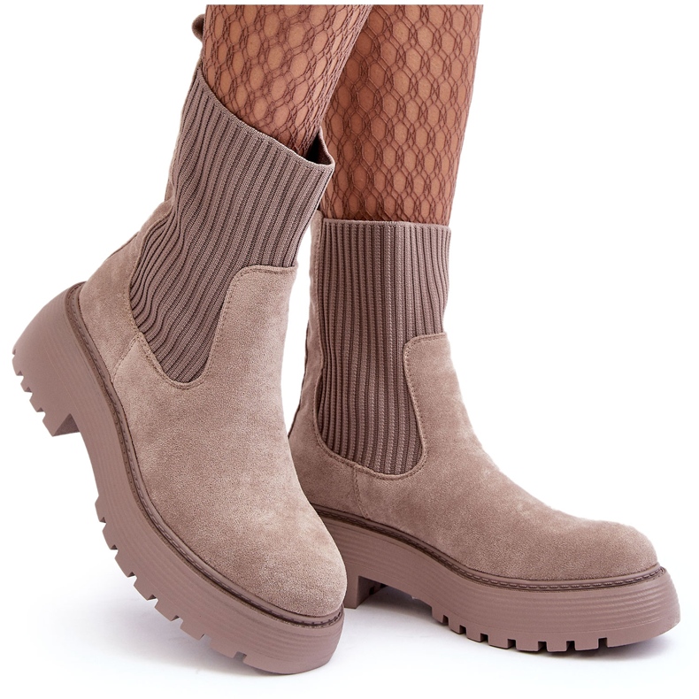 PS1 Botins de camurça com meia plataforma e salto plano, Bege Escuro Rewam PS1 Botins de camurça com meia plataforma e salto plano, Bege Escuro Rewam