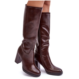 PS1 Botas elegantes de couro acima do joelho com salto alto, marrom, Felsha