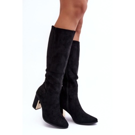 Botas Kilrenita acima do joelho em camurça preta com salto alto preto Botas Kilrenita acima do joelho em camurça preta com salto alto preto