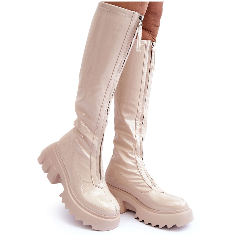 PS1 Botas de couro envernizado em plataforma enorme com zíper, Beige Ringo bege
