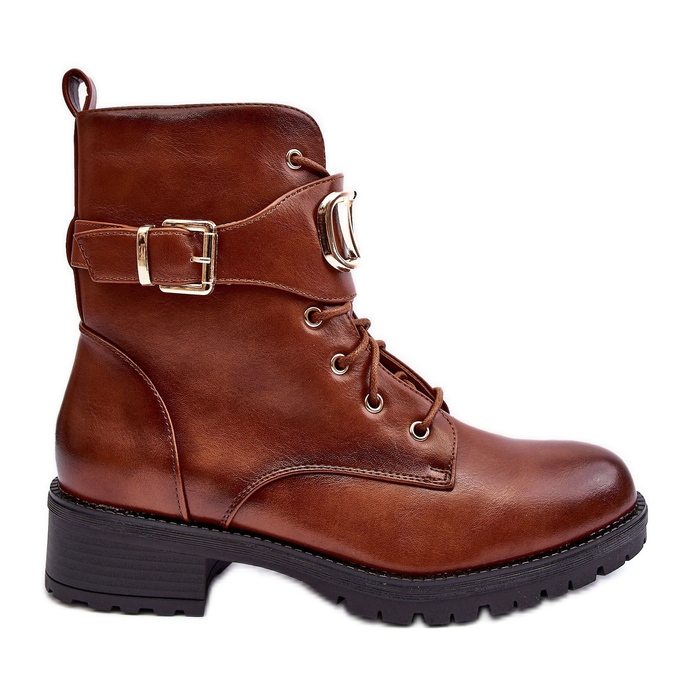 PS1 Botas de trabalho isoladas femininas com fivela dourada marrom Vera castanho