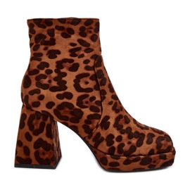 PS1 Botins de camurça com salto grosso, padrão animal, marrom Abnous