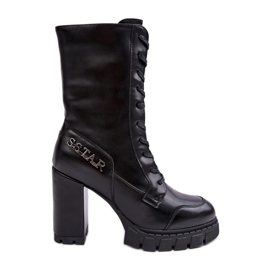 PS1 Botins de couro com cadarço e salto alto enorme, Black Khariah preto