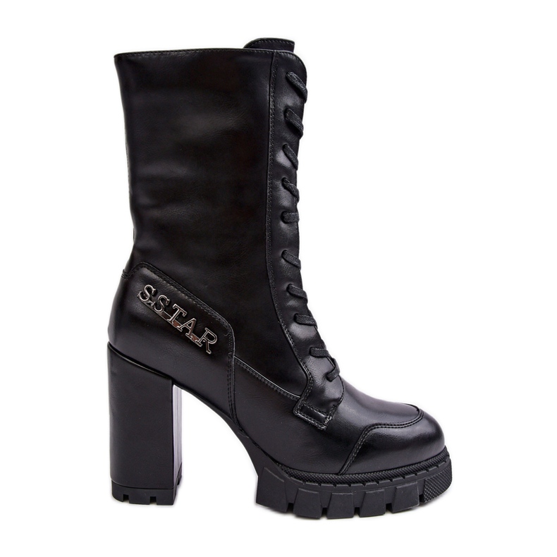 PS1 Botins de couro com cadarço e salto alto enorme, Black Khariah preto