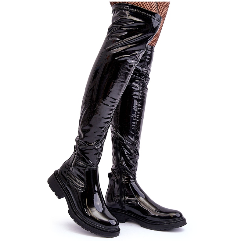 PS1 Botas acima do joelho envernizadas com salto baixo, Rilema preta preto