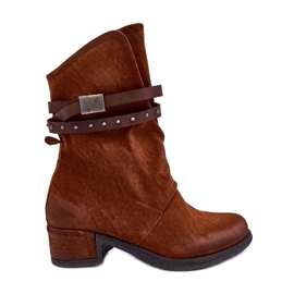 PS1 Botins femininos de salto baixo com alças Camel Thelereia marrom