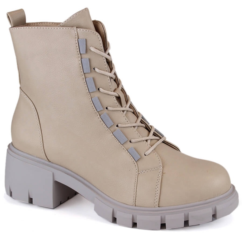 Botas femininas isoladas com cadarço e zíper, bege Jezzi RMR2038-39 Botas femininas isoladas com cadarço e zíper, bege Jezzi RMR2038-39