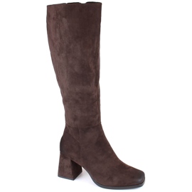Botas femininas de camurça com salto alto com isolamento, marrom, Potocki SZ12254 castanho Botas femininas de camurça com salto alto com isolamento, marrom, Potocki SZ12254 castanho