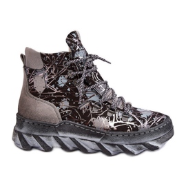 Botins quentes femininos de couro Maciejka 06146-03 cinza preto