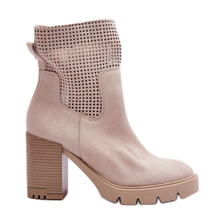 Lewski Shoes Botas femininas de camurça perfurada com salto alto bege claro Lewski 3386