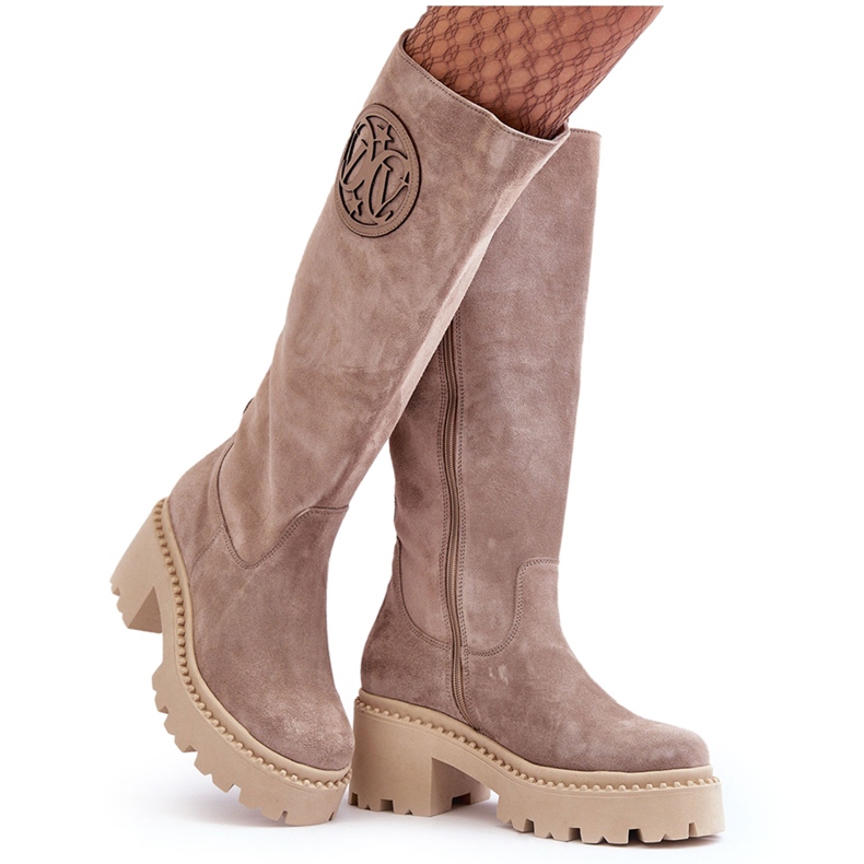 Lewski Shoes Botas femininas acima do joelho em camurça bege escuro Lewski 3367