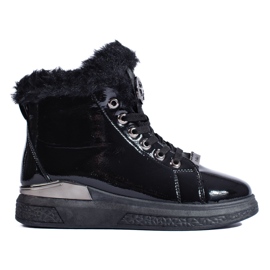Botins pretos Shelovet com cadarço e pele Botins pretos Shelovet com cadarço e pele