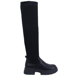 Teasly Botas pretas acima do joelho com parte superior flexível preto Teasly Botas pretas acima do joelho com parte superior flexível preto
