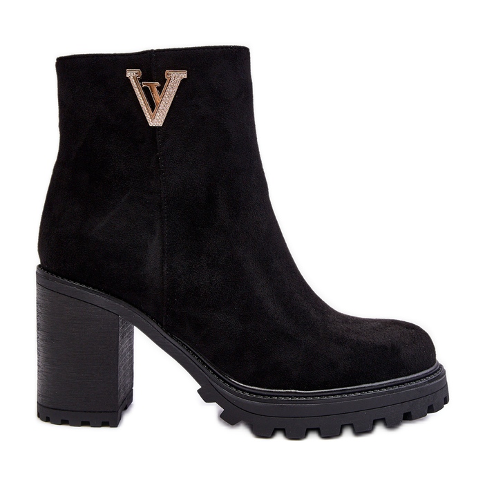 Botins femininos de camurça de salto alto com decoração, preto forte