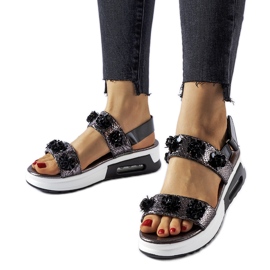 Inna Sandálias de cunha cinza com flores de Stamford prata