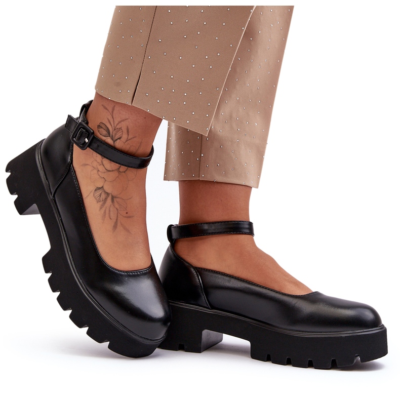 WS1 Sapatos femininos de salto baixo com fivela, pretos da Owena