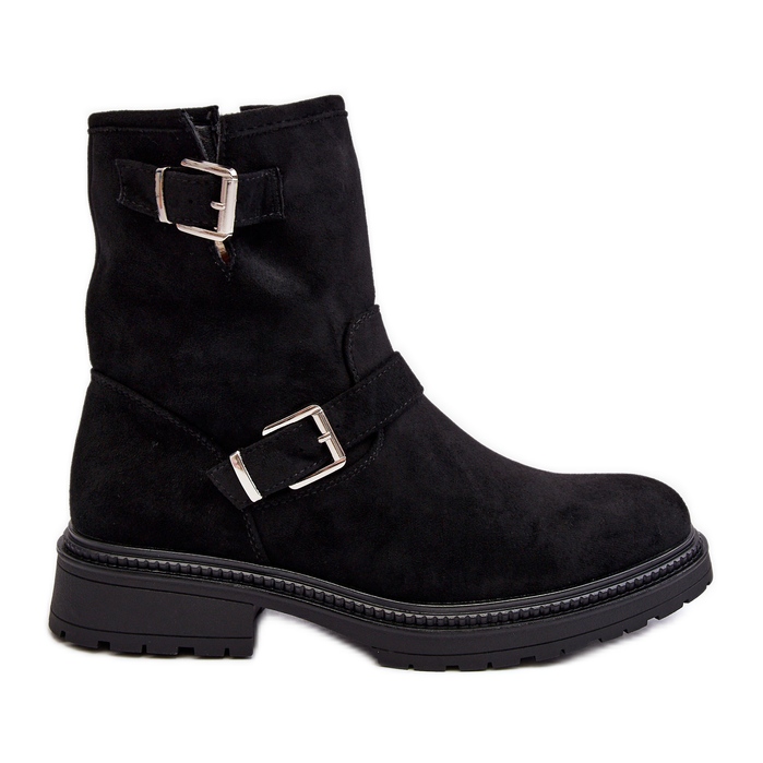 Botas femininas de salto baixo com fivelas pretas Bliggore preto