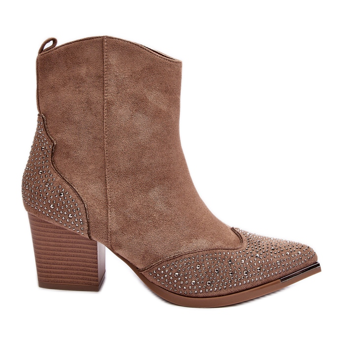 FS1 Botas de cowboy decoradas femininas com salto alto bege Eleduana