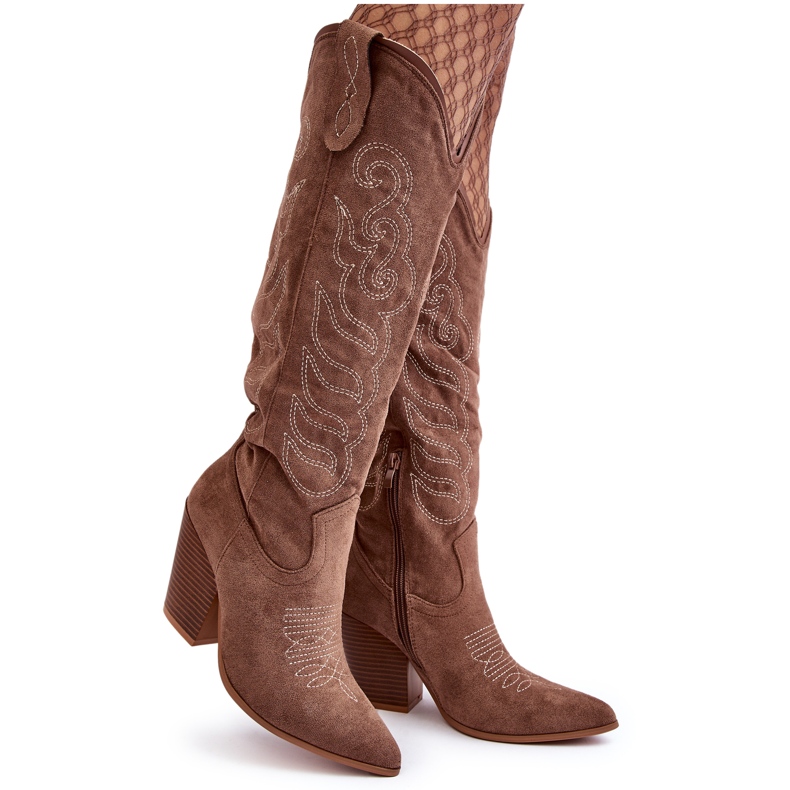WS1 Botas de cowboy femininas com salto alto, Bege Escuro Tomani