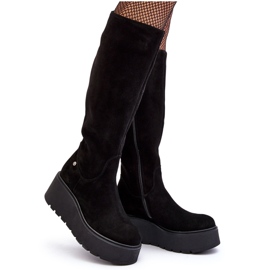 Botas femininas de camurça com cunha Maciejka 05767-01 pretas preto