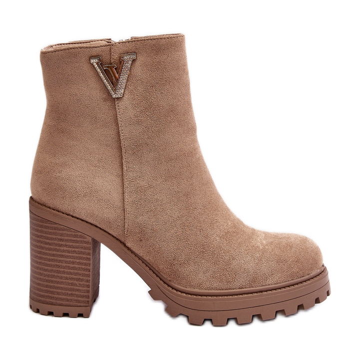 WJ2 Botins femininos de camurça de salto alto com decoração, bege forte WJ2 Botins femininos de camurça de salto alto com decoração, bege forte