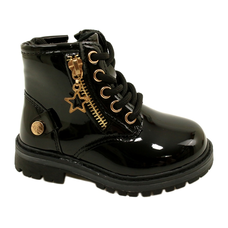 Miss Botas femininas de couro envernizado, estrela 23DZ23-6593, pretas preto