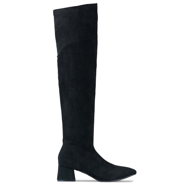 Botas de camurça preta acima do joelho com salto baixo preto