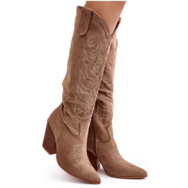Botas de cowboy femininas bege Tomani com salto alto