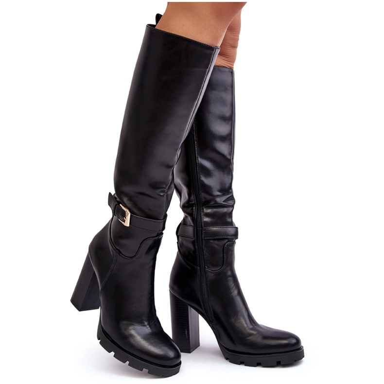 Botas femininas de couro de salto alto com fivela Bordda preta preto