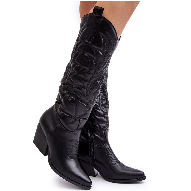 Botas femininas de cowboy de couro com salto alto preto Sloana