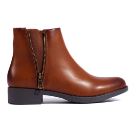 SHELOVET Botins clássicos de camelo baixo com zíper decorativo marrom