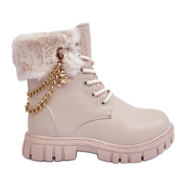 Botins infantis quentes de couro com corrente, Bege Cadia