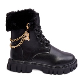 Botins infantis quentes de couro com corrente, Preto Cadia