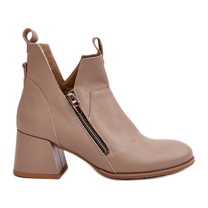 Botas femininas de couro com salto baixo e recortes Zazoo 850 Bege
