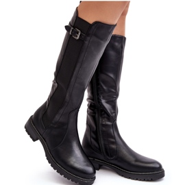 Botas femininas acima do joelho com salto plano, pretas Klemmo preto