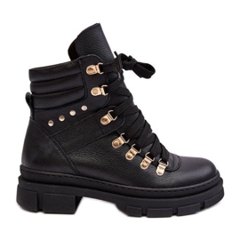 Botins femininos de couro com cadarço Zazoo K01 preto Botins femininos de couro com cadarço Zazoo K01 preto