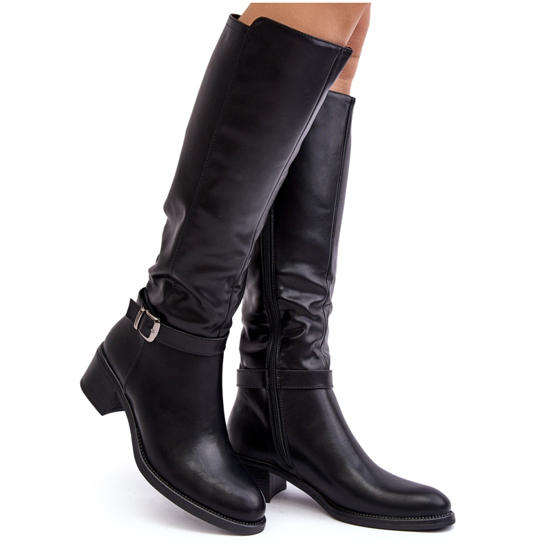 Sergio Leone Botas femininas acima do joelho com salto baixo preto Bafiske preto