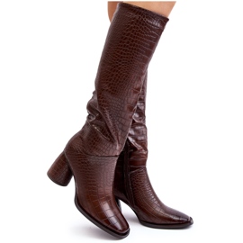 Botas femininas de salto alto até o joelho, padrão cobra, marrom Ceriona