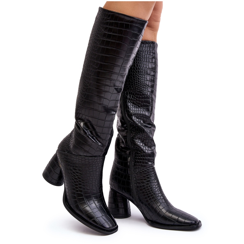 Botas femininas de salto alto até o joelho, padrão cobra, Ceriona preta preto