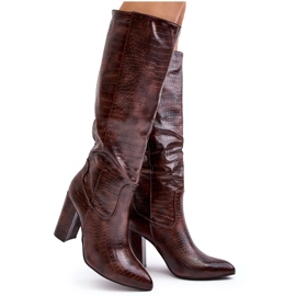 Botas femininas de salto alto, quentes, padrão cobra, marrom Delul
