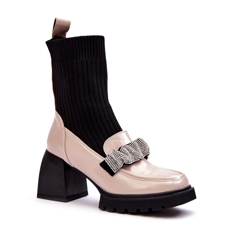 Botas femininas com uma meia decorada com zircões bege s.barski mr870-41
