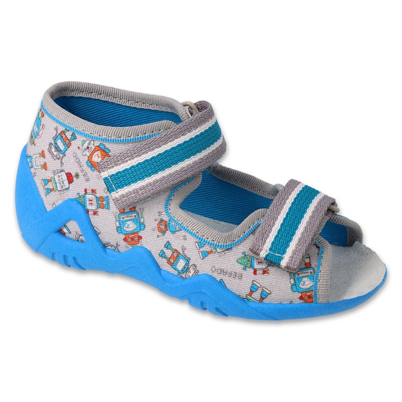 Chinelos infantis Befado com velcro 350P043 cinza e azul